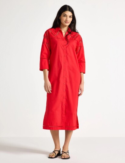 Lindex Midi Shirt Dress With Broderie Anglaise   Red   L