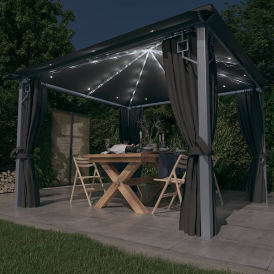 vidaXL Paviljong med gardin og LED-strenglys 3x3 m antrasitt aluminium vidaXL Paviljong med gardin og LED-strenglys 3x3 m antrasitt aluminium