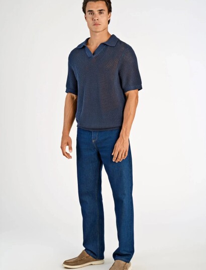 Lindbergh V Neck S/S Crochet Knit Polo Navy XL Lindbergh V Neck S/S Crochet Knit Polo Navy XL