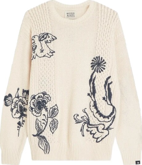 Scotch & Soda Delfts Blauw Embroidered Relaxed Fit Pullover Cream XXL