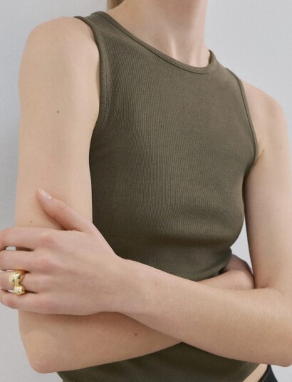 Mango Ribbed Cotton Blend Top Khaki green XS