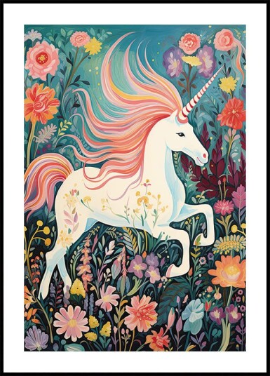 Magical Unicorn In Floral Meadow Plakat Plakat / 21x30cm