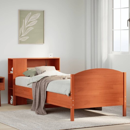 Seng med bokhylle uten madrass voksbrun 90x190 cm heltre furu 8721158618757