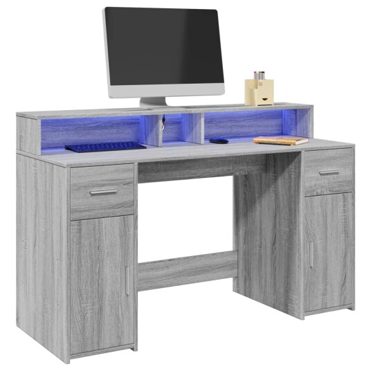 Skrivebord med LED-lys grå sonoma 140x55x91 cm konstruert tre