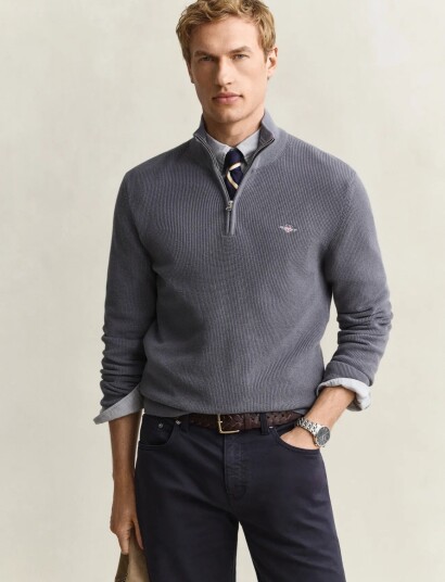 Gant Waffle Knit Half Zip Sweater Grey M