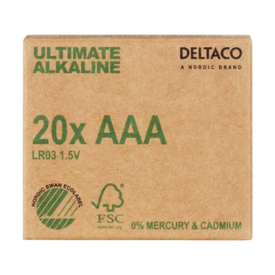Deltaco 20-pakning AAA Alkalisk Batteri med Svaneøkomerket