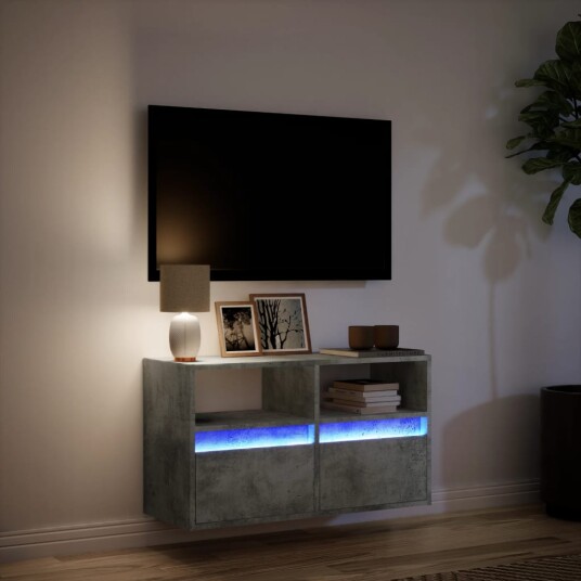Vegghengt TV-benk med LED-lys betonggrå 80x31x45 cm 8721102968952