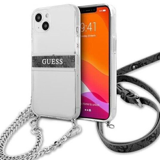 Guess Mobildeksel for iPhone 13 Mini Gjennomsiktig Hardcase med Grå Stropp og Sølvkjede