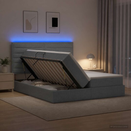 vidaXL LED lagringseng med madrass Lysegrå 200 x 200 cm Stoff