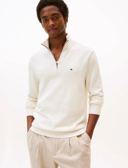 Tommy Hilfiger Essential Cotton Zip Mock   White   S
