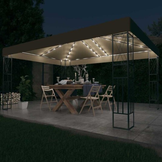 vidaXL Paviljong med LED lysslynge 3x4 m gråbrun stoff