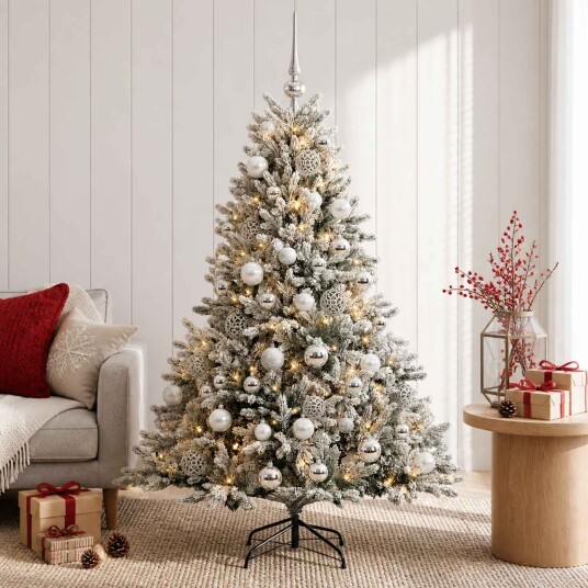 vidaXL Kunstig juletre med julekuler 150 cm 150 LED-lys Varmhvit