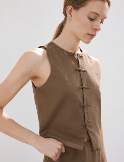 Mango Linen Toggle Waistcoat Brown M Mango Linen Toggle Waistcoat Brown M