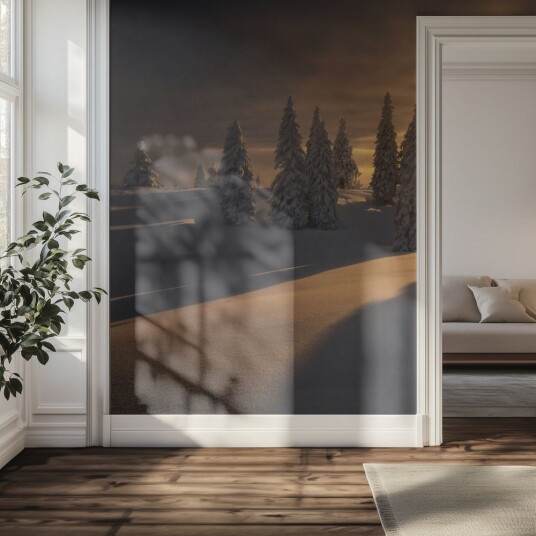 Tapet Snødekt Skogs Solnedgang Tapet Snødekt Skogs Solnedgang