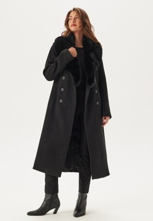 Chiara Forthi Fur Collar Belted Wool Blend Coat Black XS Chiara Forthi Fur Collar Belted Wool Blend Coat Black XS