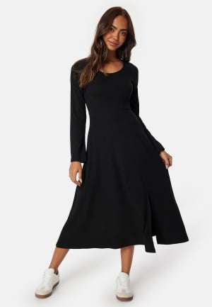 Happy Holly Soft Rib Slit Midi Dress Black 44/46