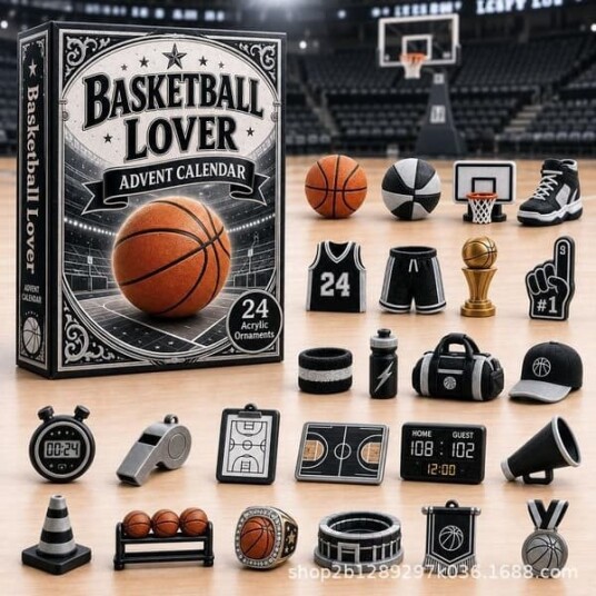 2026 Sports Julekalender 24 dagers Akryl Hengende Nedtelling Dekor Kreativ Sport tema Julegave til Fans **Svart Basketball