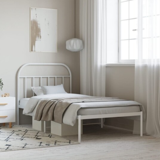 vidaXL Sengeramme i metall med hodegavl hvit 107x203 cm