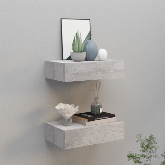vidaXL Veggmonterte skuffehyller 2 stk betonggr? 40x23,5x10 cm MDF