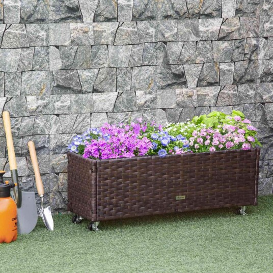 Polyrattan blomsterkasse med hjul og drenering