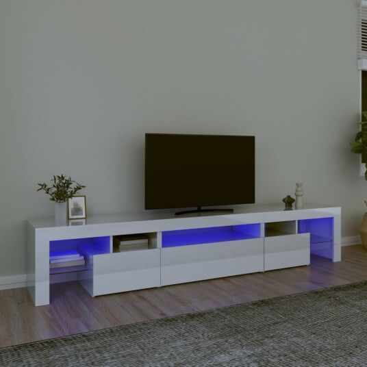TV-benk med LED-lys høyglans hvit 215x36,5x40 cm