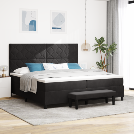 Box Spring Seng med Madrass & Benk Svart 200x200 cm Fløyel
