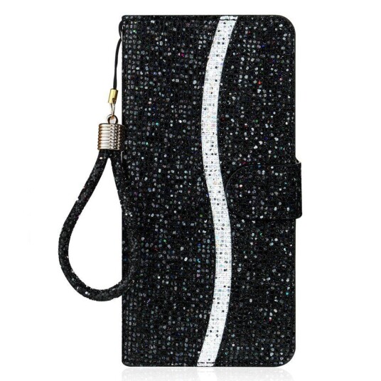 INCOVER Samsung Galaxy A34 (5G) Kunstskinn Deksel med Lommebok og Stropp - Glitter Design - Svart