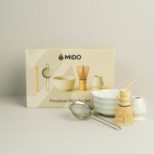 Mido Premium Matcha Set – Komplett sett med visp bolle skje sil og holder for tradisjonell matcha