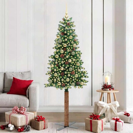 Slim juletre med 300 LED grønn 210 cm PVC og Massivt Furu tre Slim juletre med 300 LED grønn 210 cm PVC og Massivt Furu tre