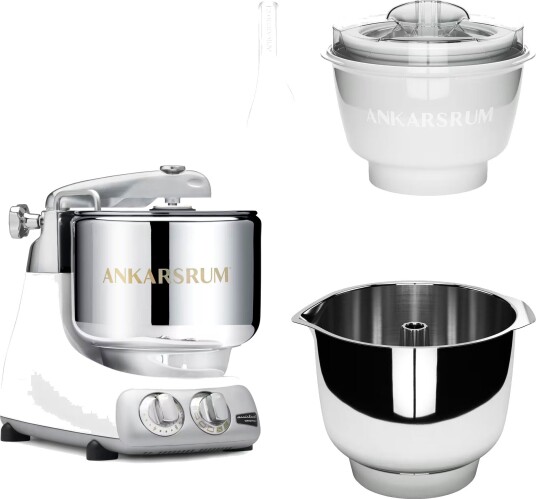 Ankarsrum Assistent Original AKM 6230 kjøkkenmaskin med iskremtilbehør og ekstra vispeskål mineral white