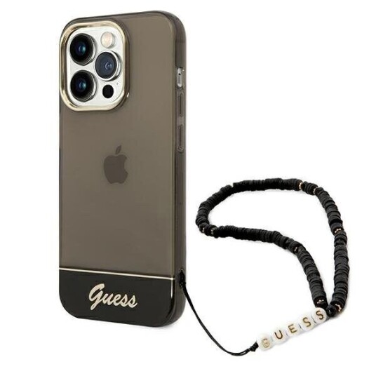 Guess iPhone 14 Pro Max Mobildeksel med Gjennomsiktig Perlerem - Svart