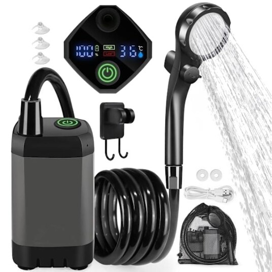 Bærbar dusj for camping 6000mAh oppladbar campingdusjpumpe med intelligent LED display for fotturer reise bil kjæledyr
