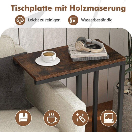 Sidebord C formet sofabord med metallramme salongbord for stue rustikk brun