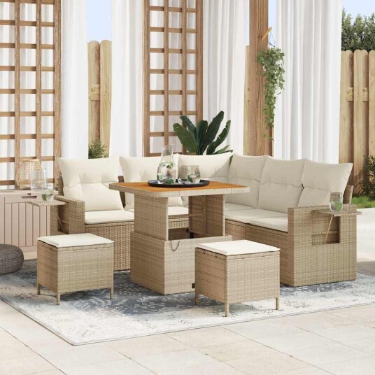 8-delt hagesofa sett med puter i beige poly rattan og akasie
