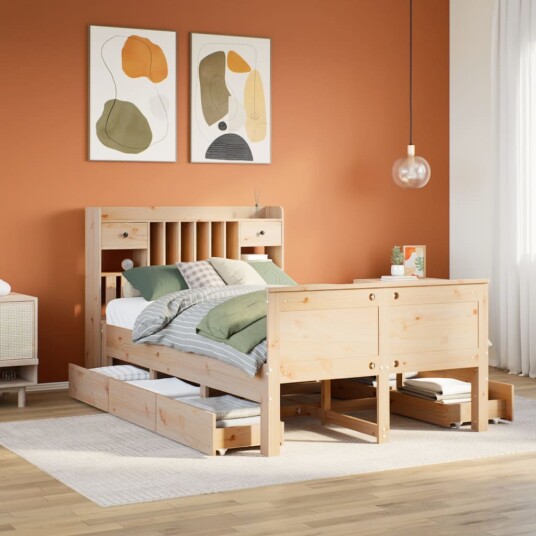 Seng med bokhylle uten madrass 120x190 cm heltre furu 8721158383785