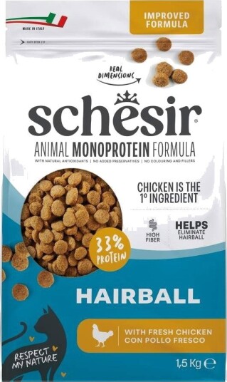 Schesir Monoprotein Hairball Kylling Tørrfôr 1.5 kg