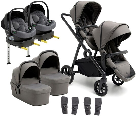 Beemoo Pro Multi 2 Tvillingvogn inkl Route i-Size Babybilstol &  Base Mocha Grey/Mineral Grey