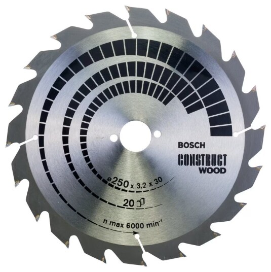 Sagblad for tre Bosch CONSTRUCT WOOD; 250x3,2x30,0 mm; Z20; 15° Sagblad for tre Bosch CONSTRUCT WOOD; 250x3,2x30,0 mm; Z20; 15°