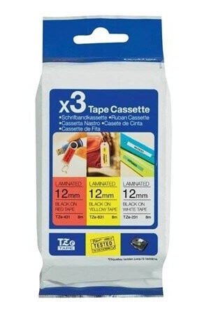 Brother TZe 31M3 - 3-Pack 1x black on red 1x black on white and 1x black on yellow laminated tape (12mm x 8m)