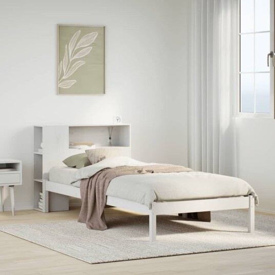 Seng med bokhylle uten madrass hvit 75x190 cm heltre furu 3321560