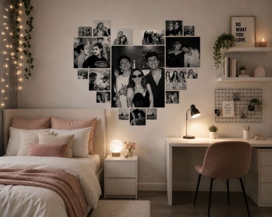 Personlig Veggklistremerke   Svart og Hvit Hjerte Collage   Hvit vinyl