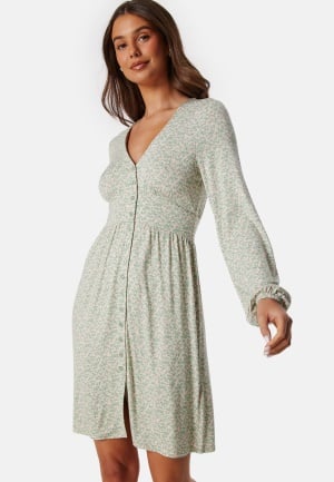 BUBBLEROOM V-neck Short Button Dress Green/Floral L