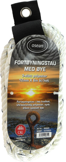 Fortøyningstau m/øye - Hvit / Blå - 12 mm - 6m - 3-Slått