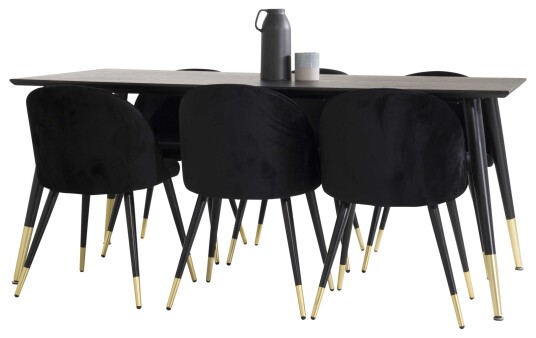 Venture Design Dipp & Velvet spisegruppe Svart/svart 6 st stoler & bord 180 x 90 cm