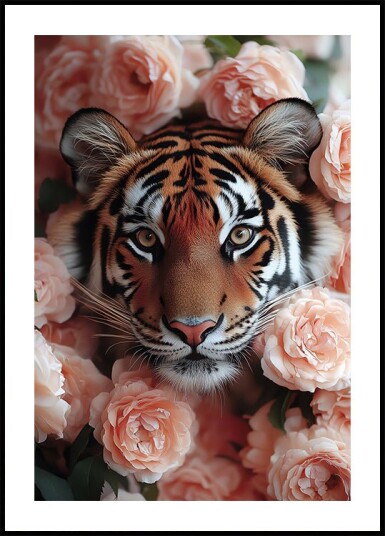 Tiger Among Peach Roses Plakat Plakat / 70x100cm