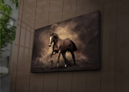 Lerretsbilde med LED belysning 45x70 cm Stolt hest i bevegelse Mørk brun / Beige / Svart