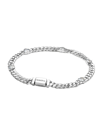 PANDORA Heart Cuban Chain Sterling Silver Bracelet With Clear Cubic Zirconia Silver 16 cm