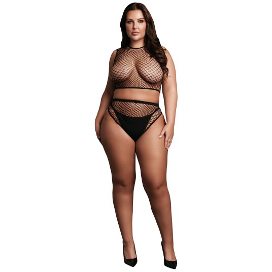 Le Désir 2-delt crop top og truse sett med fiskenetting plus size Svart Plus size