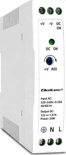 Qoltec Din-Skinne Strømforsyning | 20W | 12V | 1,67A | Hvit | Slank
