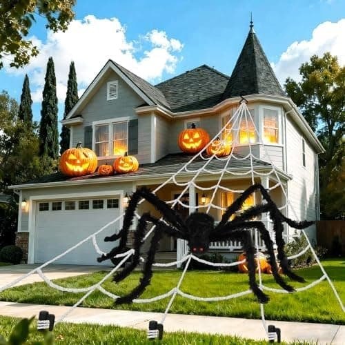 Halloween Edderkoppnett med Stor Svart Edderkopp 200 x 188 tommer